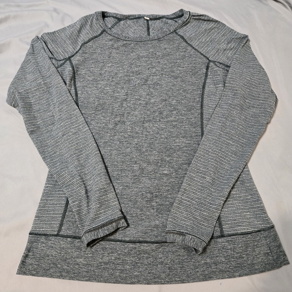 Lululemon On Track Long Sleeve Top Heathered Green Thumbhole Zipper Pocket Sz 12